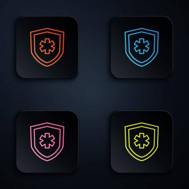 Renkli neon hattı hayat sigortası ikonu siyah arka planda izole edildi. Güvenlik, güvenlik, koruma, konsept koruma. Kare düğmelere simgeleri yerleştir. Vektör