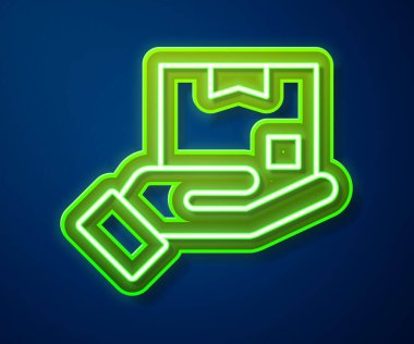 Parlayan neon çizgisi. Mavi arka planda karton kutular ikonu olan teslimat eli. Kuryeyle kapı kapı dolaşacağız. Vektör