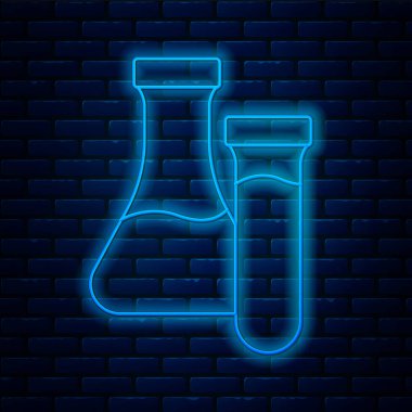 Parlayan neon hattı test tüpü ve kimyasal test ikonu tuğla duvar arka planında izole edilmiş. Laboratuvar cam levhası. Vektör