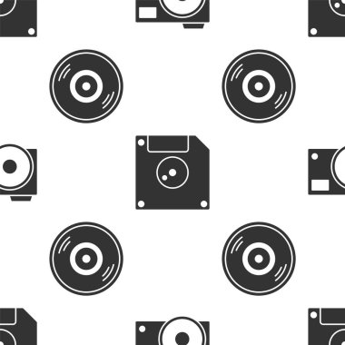 Fotoğraf makinesini, bilgisayar veri depolama için disket diskini ve vinil diski pürüzsüz desen üzerinde ayarla. Vektör.