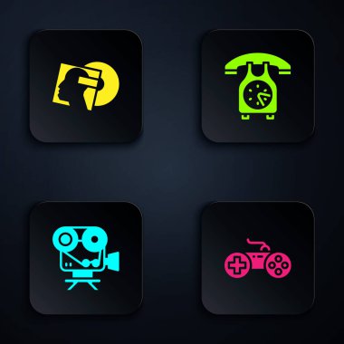 Gamepad, Vinil disk, Retro sinema kamerası ve telefon ahizesi ayarla. Siyah kare düğme. Vektör