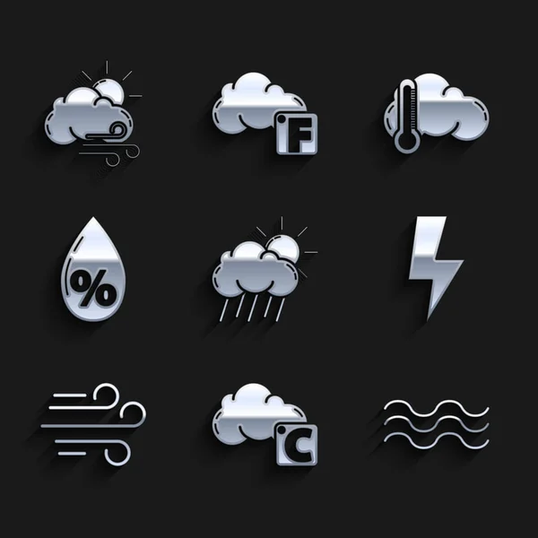 Nuvola Set Con Pioggia Sole Nube Celsius Onde Fulmine Vento — Vettoriale Stock