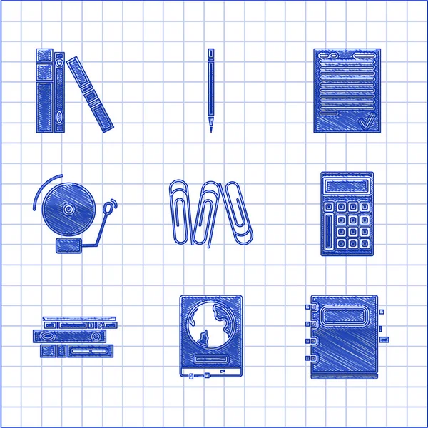 Set Clip Papel Mapa Del Mundo Pizarra Escolar Cuaderno Calculadora — Vector de stock