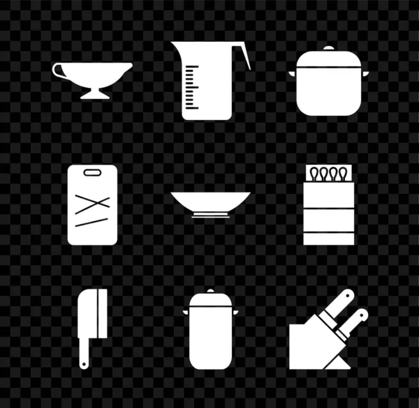 采购产品设置酱菜船 烹调壶 肉切菜刀 切菜板和碗图标 — 图库矢量图片