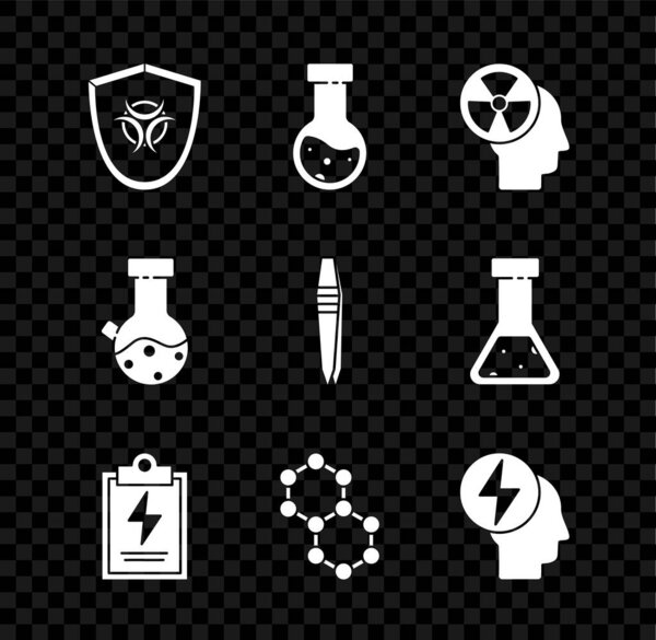 Set Biohazard symbol on shield, Test tube and flask chemical, Human head radiation, Laboratory clipboard with checklist, Molecule, Head electric,  and Tweezers icon. Vector