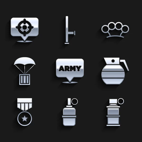 Ensemble Armée Militaire Grenade Main Fumée Médaille Récompense Boîte Largage — Image vectorielle