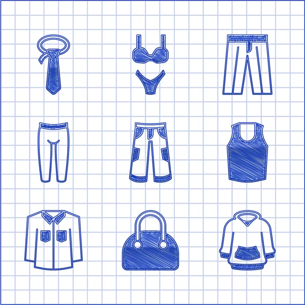 Set Pants Handbag Hoodie Undershirt Shirt Leggings Tie Icon Vector — Stock Vector