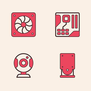 Optik disk sürücüsü, bilgisayar soğutucusu, ana kart dijital çipi ve web kamera simgesini ayarla. Vektör
