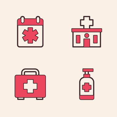 Antibakteriyel sabun, doktor randevusu, hastane binası ve ilk yardım çantası ikonu hazırla. Vektör