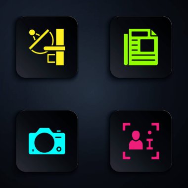 Televizyon, Radar, Fotoğraf makinesi ve Haberler. Siyah kare düğme. Vektör