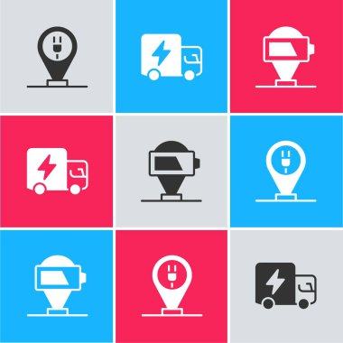Elektrikli araba, elektrikli kamyon ve pil şarj ikonunu ayarla. Vektör