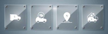Arabayı şarj et, elektrikli park et, Eco ve Electric. Kare cam paneller. Vektör