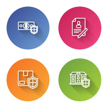 Paraları kalkan, belge, teslimat güvenliği ve House ile aynı hizaya getirin. Renkli daire düğmesi. Vektör