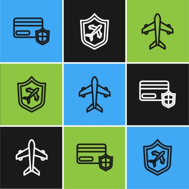 Kredi kartını kalkan, uçak ve simgeyle ayarla. Vektör
