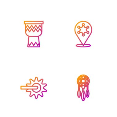 Tüylü Rüya Avcısı, Mahmuz, Davul ve Hexagram Şerifi. Renk simgeleri. Vektör