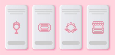 Sirk ateşi çemberi, bilet, hokkabazlık topu ve Fast Street yemek arabası. Beyaz dikdörtgen düğme. Vektör