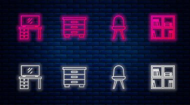 Mobilya sehpası, sandalye, televizyon masası ve kitaplı raflar. Tuğla duvarda parlayan neon simgesi. Vektör