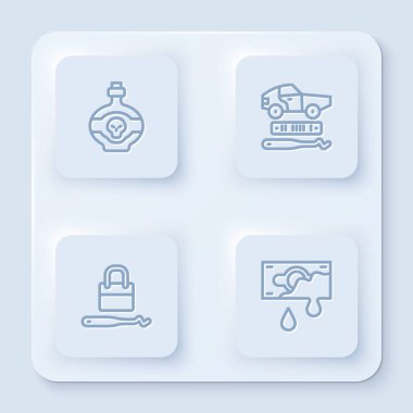 Şişe zehirlenmesi, araba hırsızlığı, maymuncuk ve kanlı para. Beyaz kare düğme. Vektör