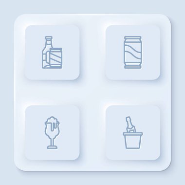 Bira şişesi ve bira kutusu, bir bardak şampanya ve buz kovası. Beyaz kare düğme. Vektör