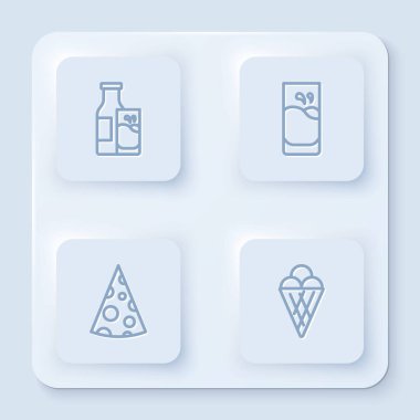 Şişe sütü ve bardakla, kremalı peynirli ve dondurmalı waffle. Beyaz kare düğme. Vektör