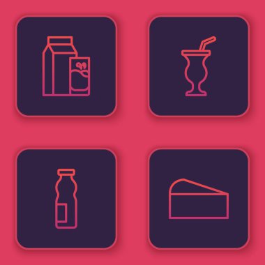 Kefir için kağıt paketi, şişede yoğurt, milkshake ve peynir. Mavi kare düğme. Vektör