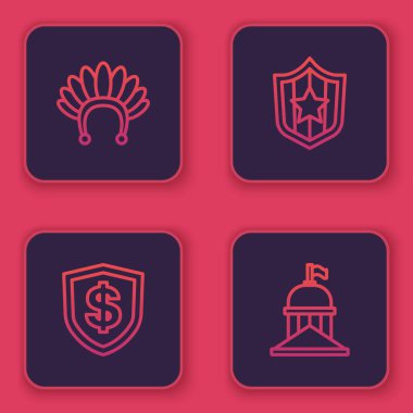 Tüylü Kızılderili başlığı, Kalkan doları, yıldızlar ve Beyaz Saray. Mavi kare düğme. Vektör