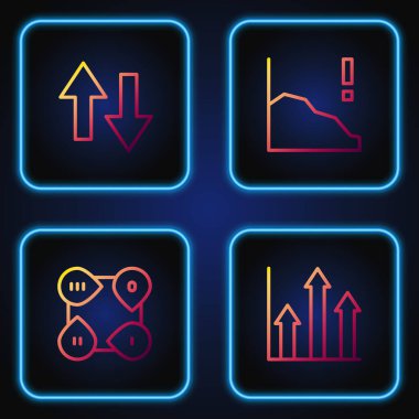 Çizgi pasta grafiği bilgisini, Infographic öğesini, Arrow ve Finansal büyüme azaltımını ayarla. Renk simgeleri. Vektör