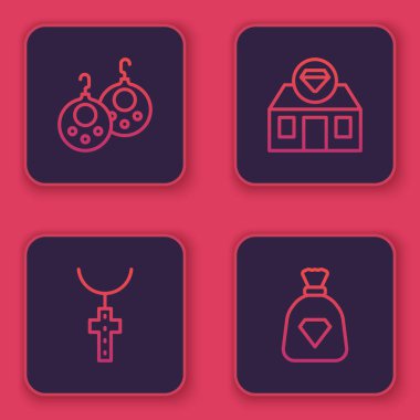 Sabit çizgili küpeler, zincirlenmiş Hıristiyan haçı, mücevher mağazası ve mücevher dolu çanta. Mavi kare düğme. Vektör