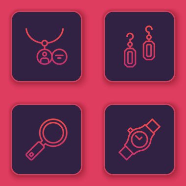 Kolye, büyüteç, küpe ve bilek saati. Mavi kare düğme. Vektör