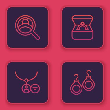 Elmas nişan yüzüğü, madalyon kolye, kutu ve küpeler. Mavi kare düğme. Vektör