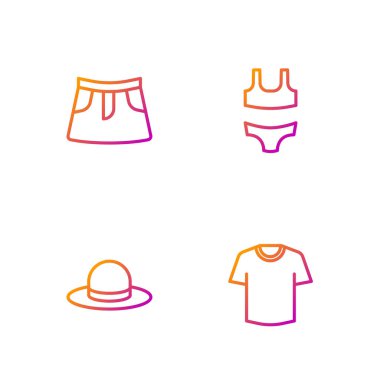 Çizgili tişört, erkek şapkası, etek ve mayo. Renk simgeleri. Vektör