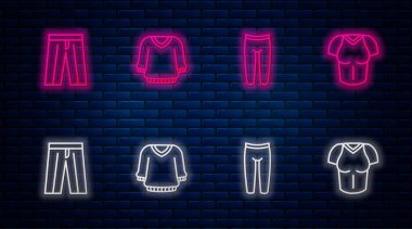Çizgili süveter, tayt, pantolon ve tişört. Tuğla duvarda parlayan neon simgesi. Vektör