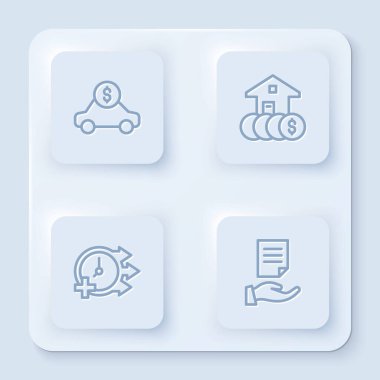 Araba kiralama, dolar, saat ve kontrat. Beyaz kare düğme. Vektör