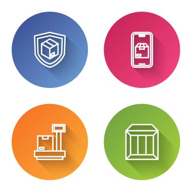 Hat teslimat güvenliğini kalkan, mobil uygulama teslimat takibi, karton kutu ve Carton ile ayarla. Renkli daire düğmesi. Vektör