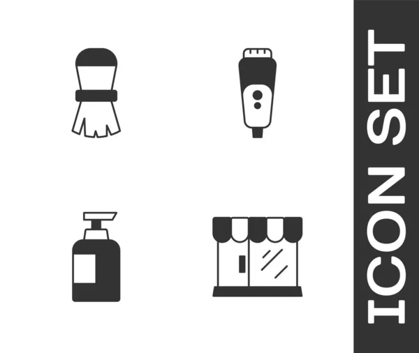Set Barbershop Gebäude Rasierpinsel Flasche Shampoo Und Elektrische Rasierklinge Symbol — Stockvektor