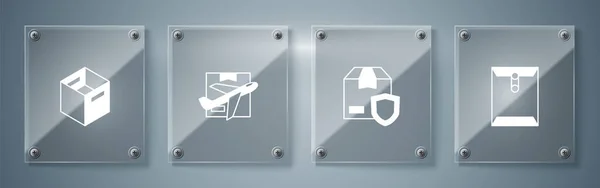 Set Envelope Delivery Security Shield Plane Cardboard Box Carton Square — Stock Vector