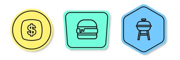 Définir Ligne Dollar Symbole Burger Barbecue Grill Formes Colorées Vecteur — Image vectorielle