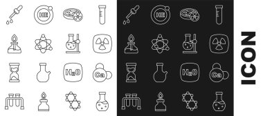 Damar yolu testi tüpü, mineral kalsiyum, radyoaktif, zehirli sıvı, Atom, alkol veya ruh yakıcı, Pipette ve matara. Vektör