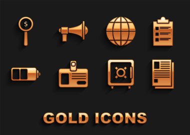 Kimlik kartı, kontrol listesi, Dosya belgesi, Güvenli, Batarya şarj seviyesi göstergesi, Dünya küresi, büyüteç ve dolar sembolü ve megafon simgesi ile panoyu ayarlayın. Vektör