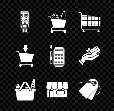 POS terminalini yazdırılmış alıcıyla ayarlayın ve ödemeyi akıllı telefon, sepet, inşaat veya pazar mağazası, boş etiket şablon fiyat etiketi, Ekle ve Pos eklenmiş kredi kartı simgesi ile onaylayın. Vektör