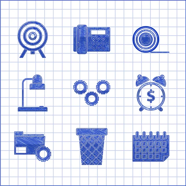 Set Gear, Trash can, Calendar, Alarm clock with dollar symbol, Folder settings gears, Table lamp, Scotch and Target icon. Vector — Stock Vector