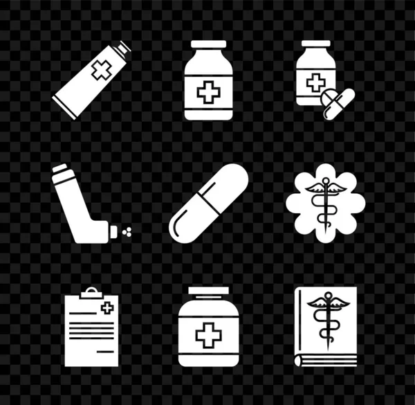 Zestaw Maść krem tubka medycyna, Lekarstwa butelka i pigułki, Schowek medyczny z zapisem klinicznym, książka, inhalator i ikona tabletki. Wektor — Wektor stockowy