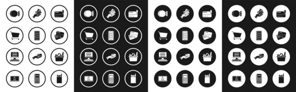 Set Credit card, Online winkelen op mobiele telefoon, Winkelwagen, Signboard opknoping, Menselijke hand vasthouden met krediet, mand voedsel en het gebouw scherm computer pictogram. Vector — Stockvector