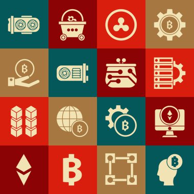 Bitcoin düşün, Monitor ve Cryptocurrency Ethereum ETH, Server gear, Ripple XRP, Maden Çiftliği, El Tutma ve cüzdan ikonu. Vektör