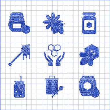 Balpeteği ve elleri, bal kovanı stickicon, ahşap fıçı, arı peteği, kavanoz dolusu, damlayan ve ikon ile ayarlayın. Vektör