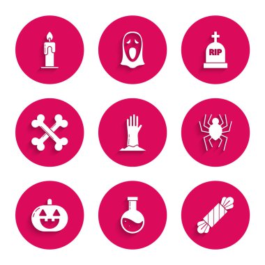 Zombi elini hazırla, iksirli şişe, şeker, örümcek, balkabağı, çapraz kemikler, Tombstone RIP ve yanan mum ikonu. Vektör