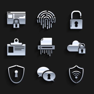 Kağıt öğütücü gizliliğini ayarla, kablosuz internet ağlı kalkanı, bulut bilgisayar kilidi, anahtar deliği, kimlik kartı, kilidi aç ve siteni koru HTTPS, SSL simgesi. Vektör