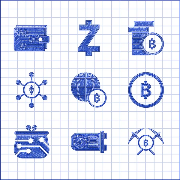 Set Globo y moneda criptomoneda Bitcoin, granja minera, pico cruzado, criptomoneda, billetera, tecnología Blockchain Ethereum ETH, y el icono. Vector — Vector de stock