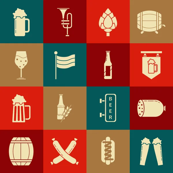 Set Vaso de cerveza, salchicha salami, letrero de calle con vidrio, Hop, bandera nacional de Alemania e icono de la botella de cerveza. Vector — Vector de stock