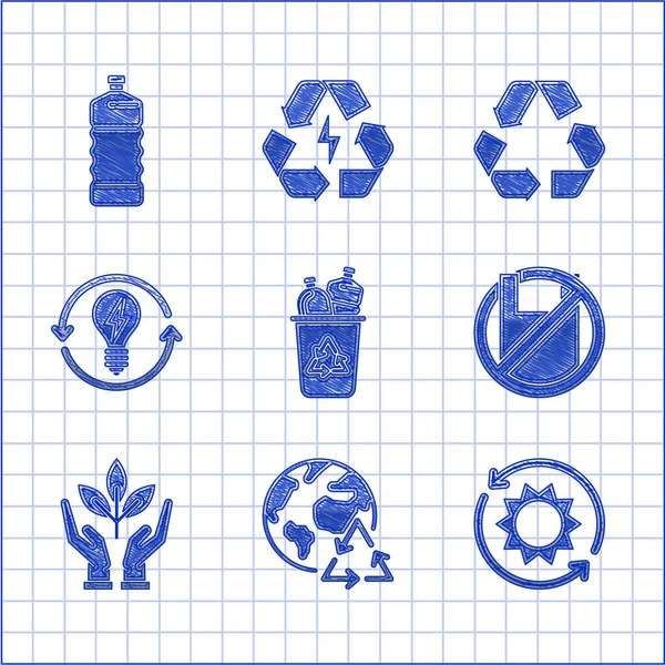 Geri dönüşüm kutusunu geri dönüşüm sembolüyle, güneş enerjisi paneliyle plastik poşet posterine, çevreci koruma koluna, ampul ışığına ve plastik şişe ikonuna hayır de. Vektör — Stok Vektör